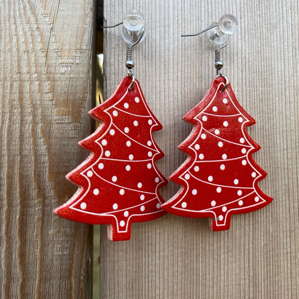 Red and White Christmas Tree Dangle Earrings